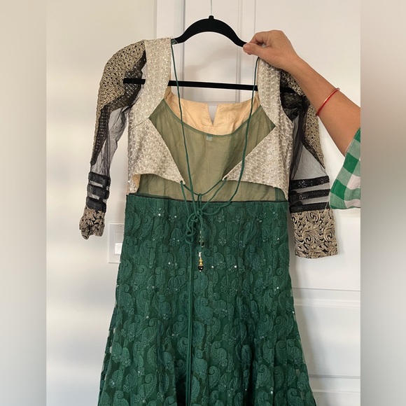 Very gorgeous long sleeves bottle green golden anarkali gown backless! Size 38 - Picture 2 of 4